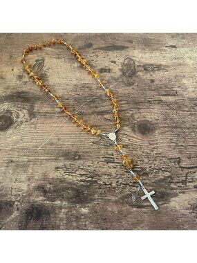 Vintage Catholic Rosary Prayer Beads Crucifix Cross 14" Baltic Amber Chip Glows